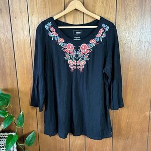 Sonoma Goods For Life Womens Black Floral Embroidered Cotton Slub Top Size L